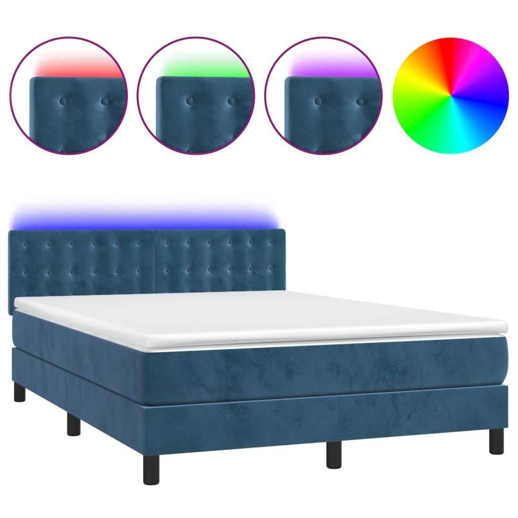Lit boxspring avec matelas en velours bleu foncé et LED 140x190 cm ...