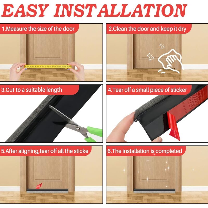 Joint de bas de porte intégré avec brosse, joint de porte autocollant, insonorisant et insectifuge (petit, noir) - 4
