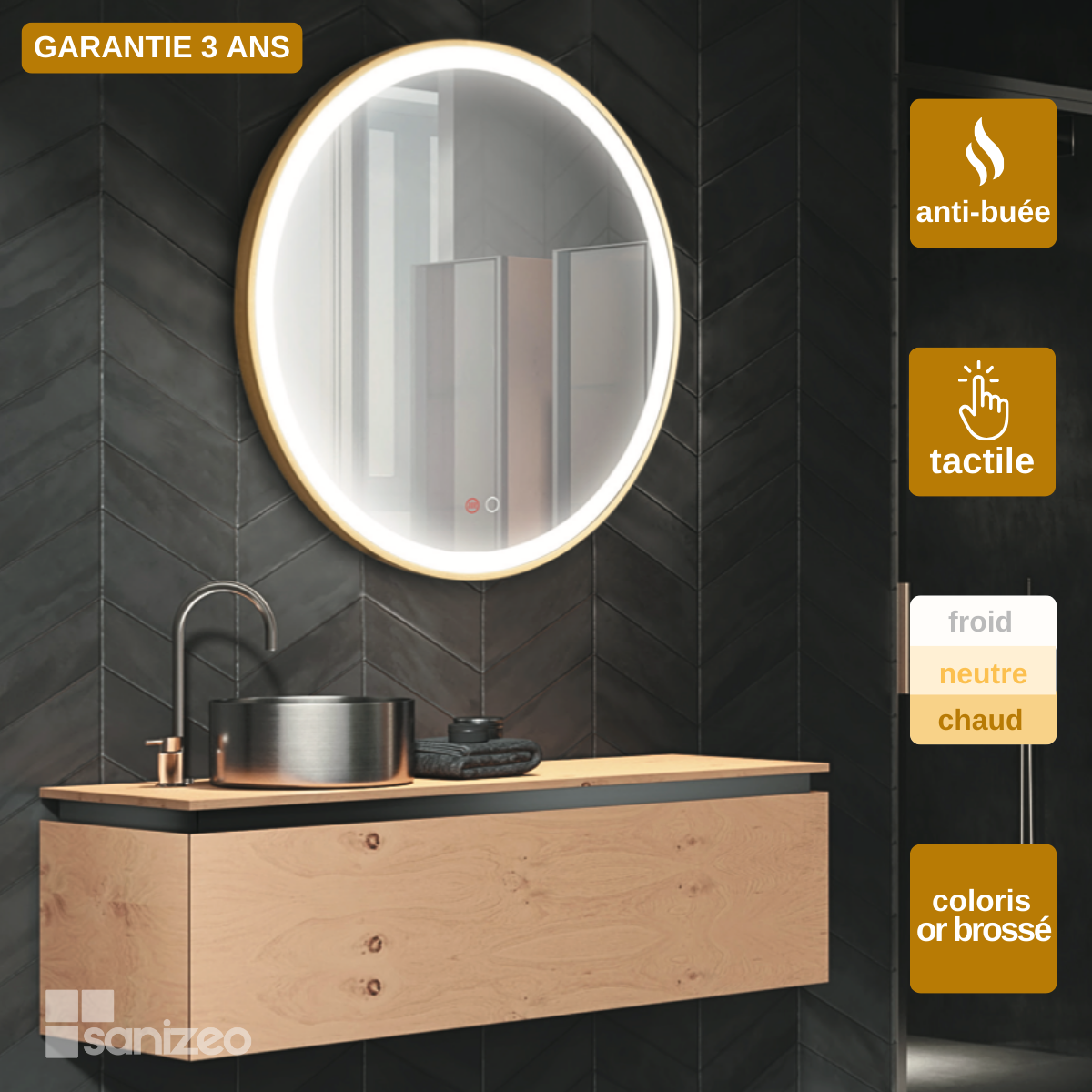 Specchio Bagno Illuminato LED 600 Mm - Antiappannamento IP44 | 3 Luci Dimmerabili | Design Moderno Con Motivi