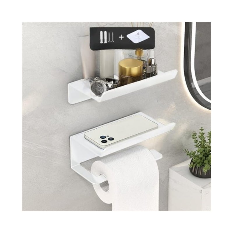 Zestaw 2 uchwytów na papier toaletowy do łazienki, półka łazienkowa, uchwyt na rolkę papieru, bez wiercenia, 16,5 x 10 x 6 cm – biały