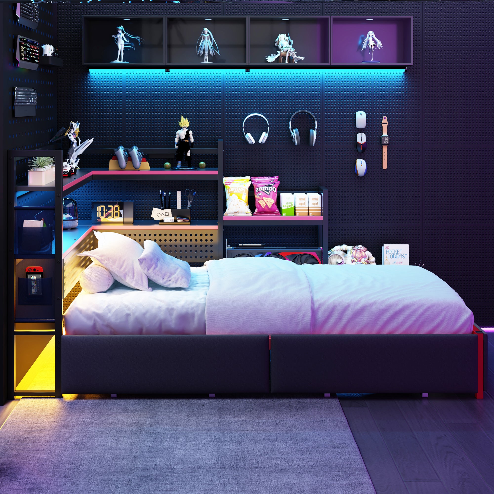Łóżko 90 x 200 cm z 3 szufladami i półkami - Oświetlenie LED i porty USB - Metalowe - Czarne (Materac nie jest w zestawie) - 4