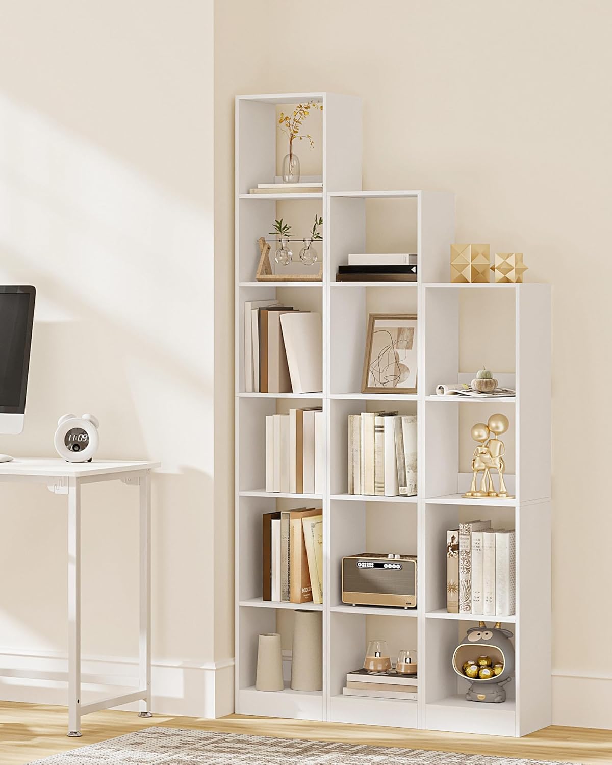 Librería de 6 Niveles, Estantería Libros, para Salón, Estudio, Oficin, Dormitorio, Estilo Escandinavo, 24 x 30 x 184,4 cm, Blanco - 6