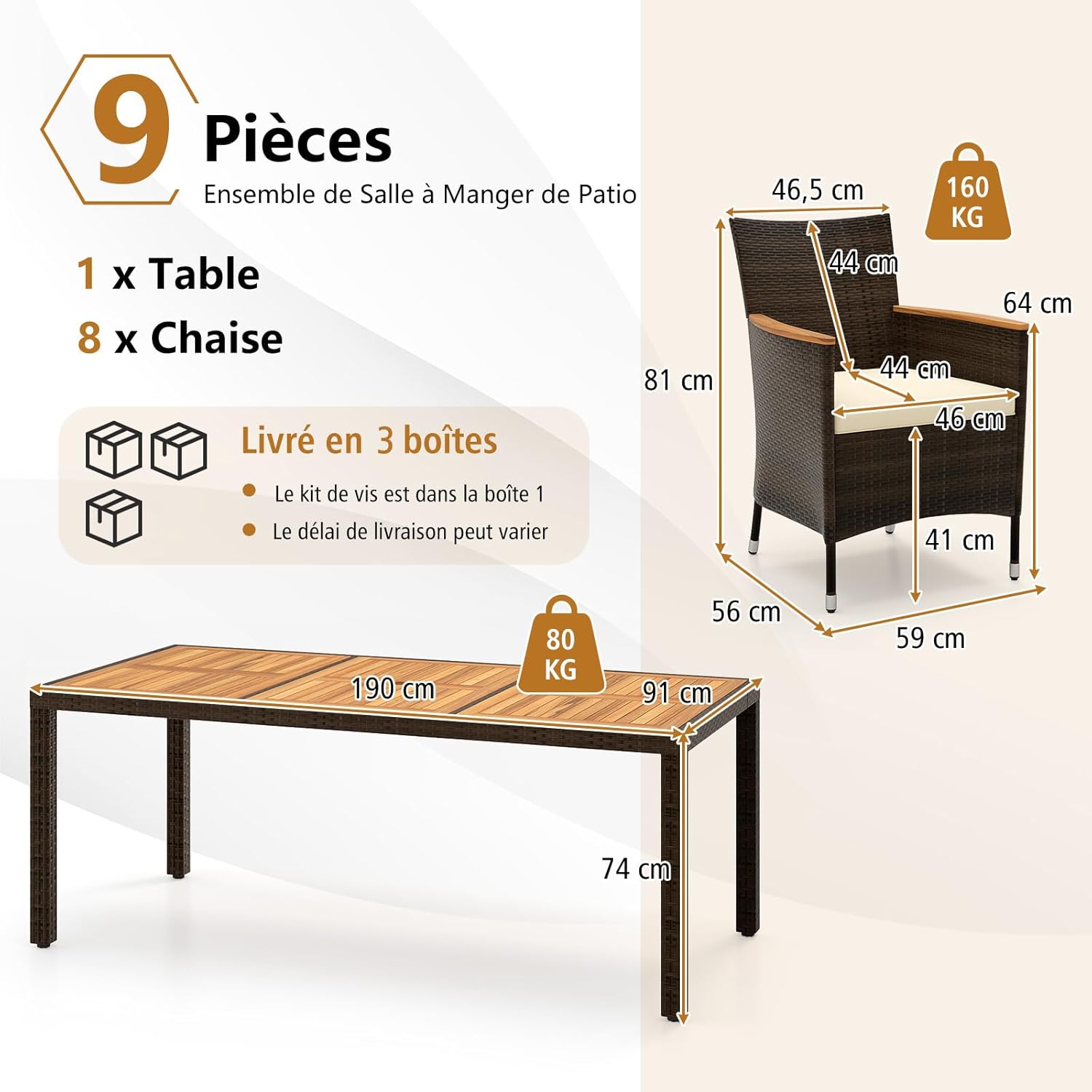 Salon de Jardin en Rotin 9 Pièces pour 8 Personnes Plateau de Table en Acacia, Ensemble de Salle à Manger , Chaise Charge 180KG, Marron+Beige - 5
