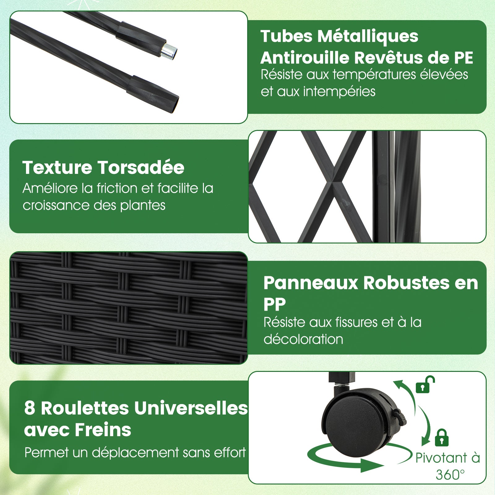 Arche de Jardin 208 CM avec 2 Bacs Jardinière et Treillis, Pergola Extérieur en Métal Revêtu de PE Antirouille avec d'Auto-Arrosage Roues, Gris - 8