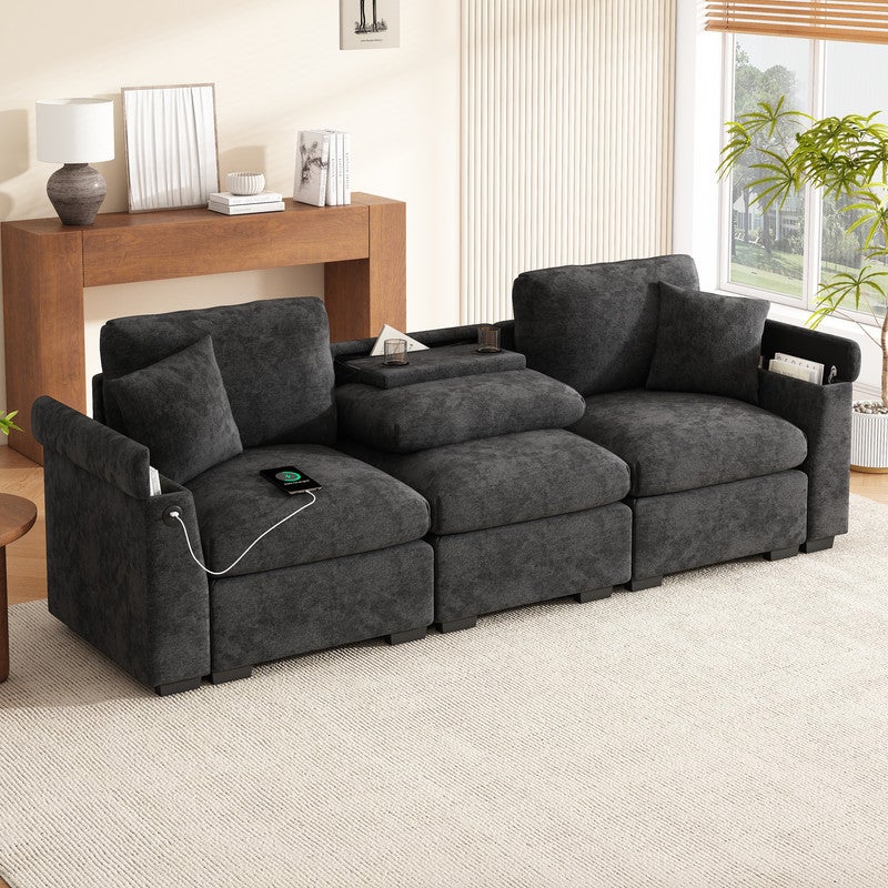 Nowoczesna sofa 3-osobowa - z poduszkami i składanym stolikiem - porty USB i uchwyt na kubek - szara
