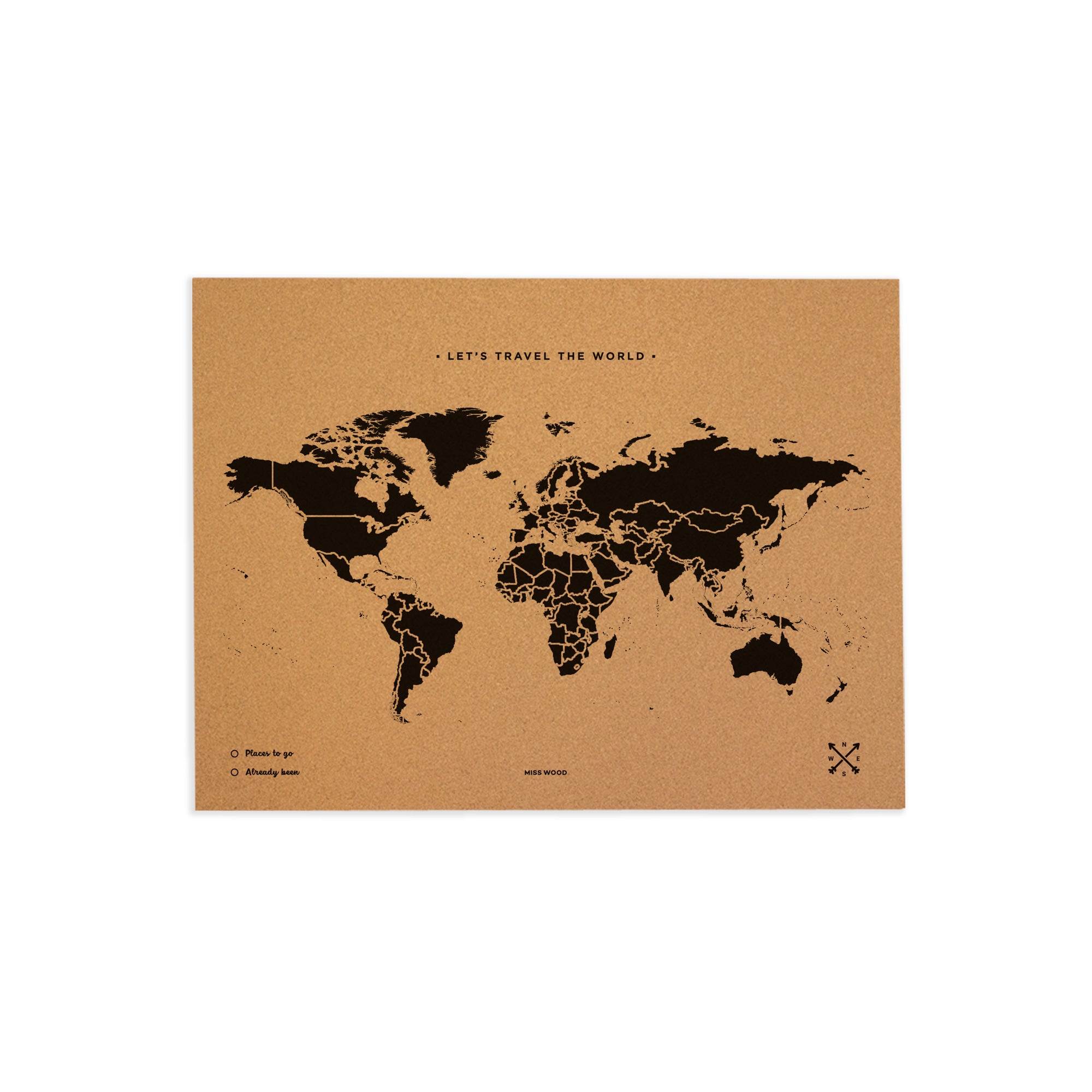 Mapamundi corcho - woody map natural world / 60 x 45 cm / negro / sin marco
