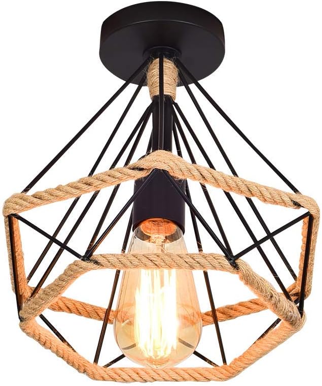 Przemysłowa lampa sufitowa w stylu retro vintage w kształcie rombu z metalu ze sznurem konopnym, oprawa wisząca do salonu, sypialni, 25 cm