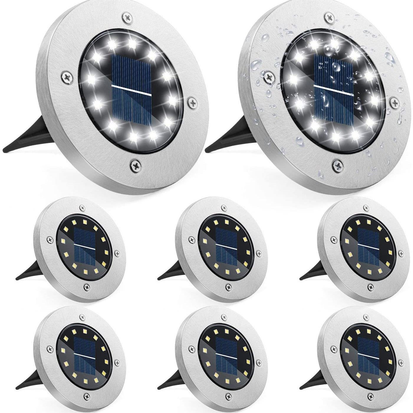Solarne lampy zewnętrzne [zestaw 8], dekoracyjne wodoodporne punkty na taras, trawnik i podjazd, ciepła biel