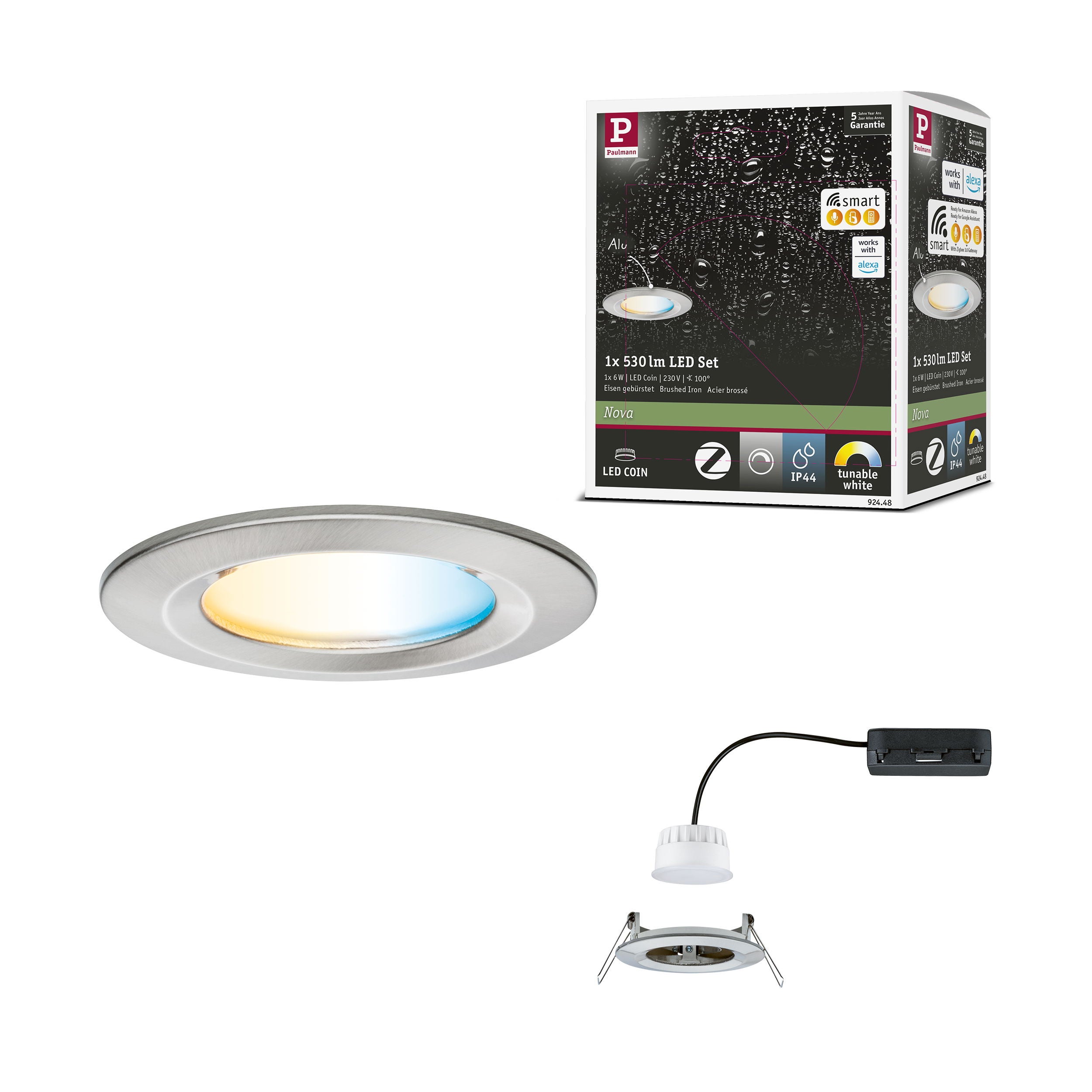 Spot encastré LED Nova Coin IP44 rond 78 mm Tunable White 6W 530lm 230V Acier brossé Aluminium