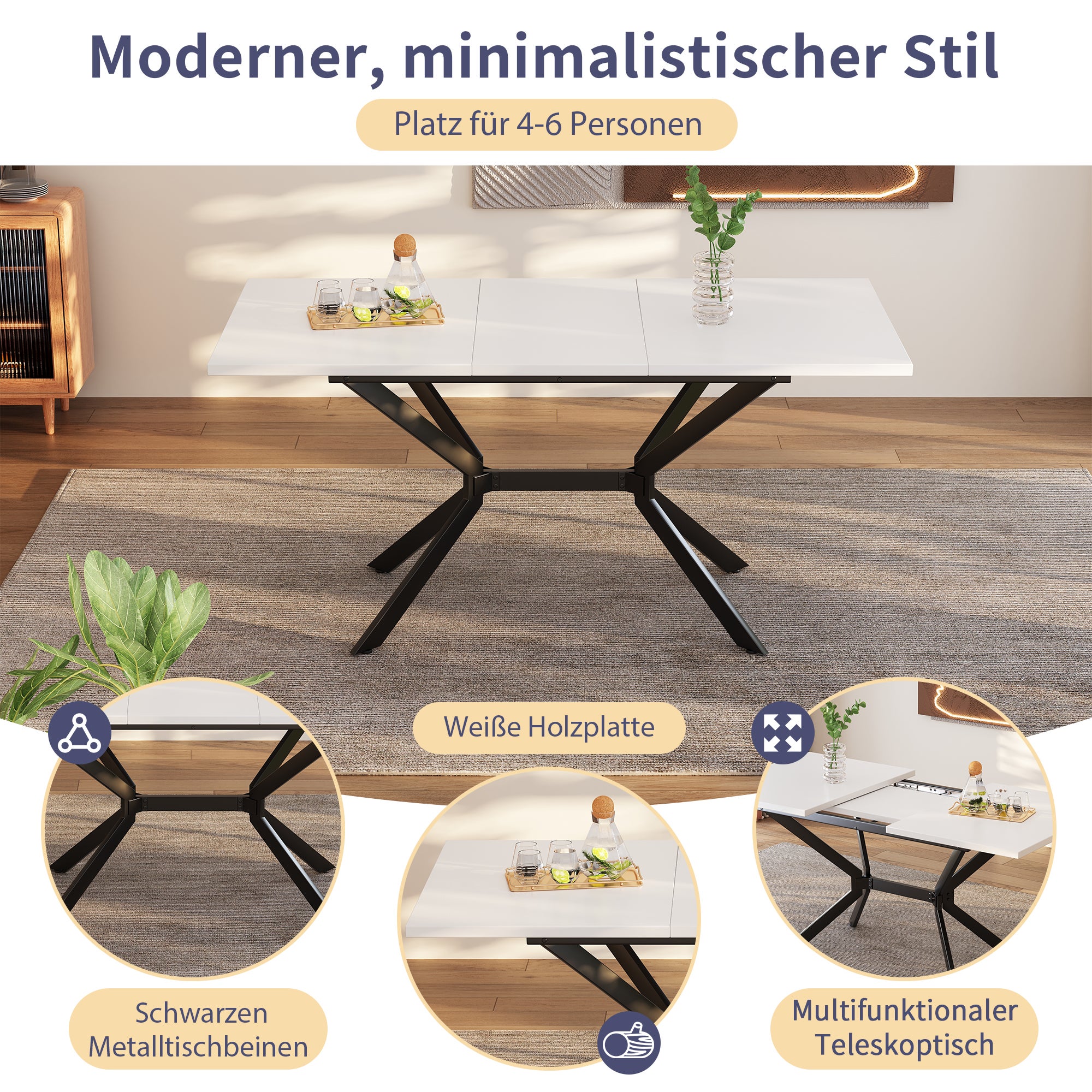 Tavolo da pranzo allungabile per 4-6 coperti - L 120/160 x P 80 x H 75 cm - Legno MDF e metallo - Bianco - 4