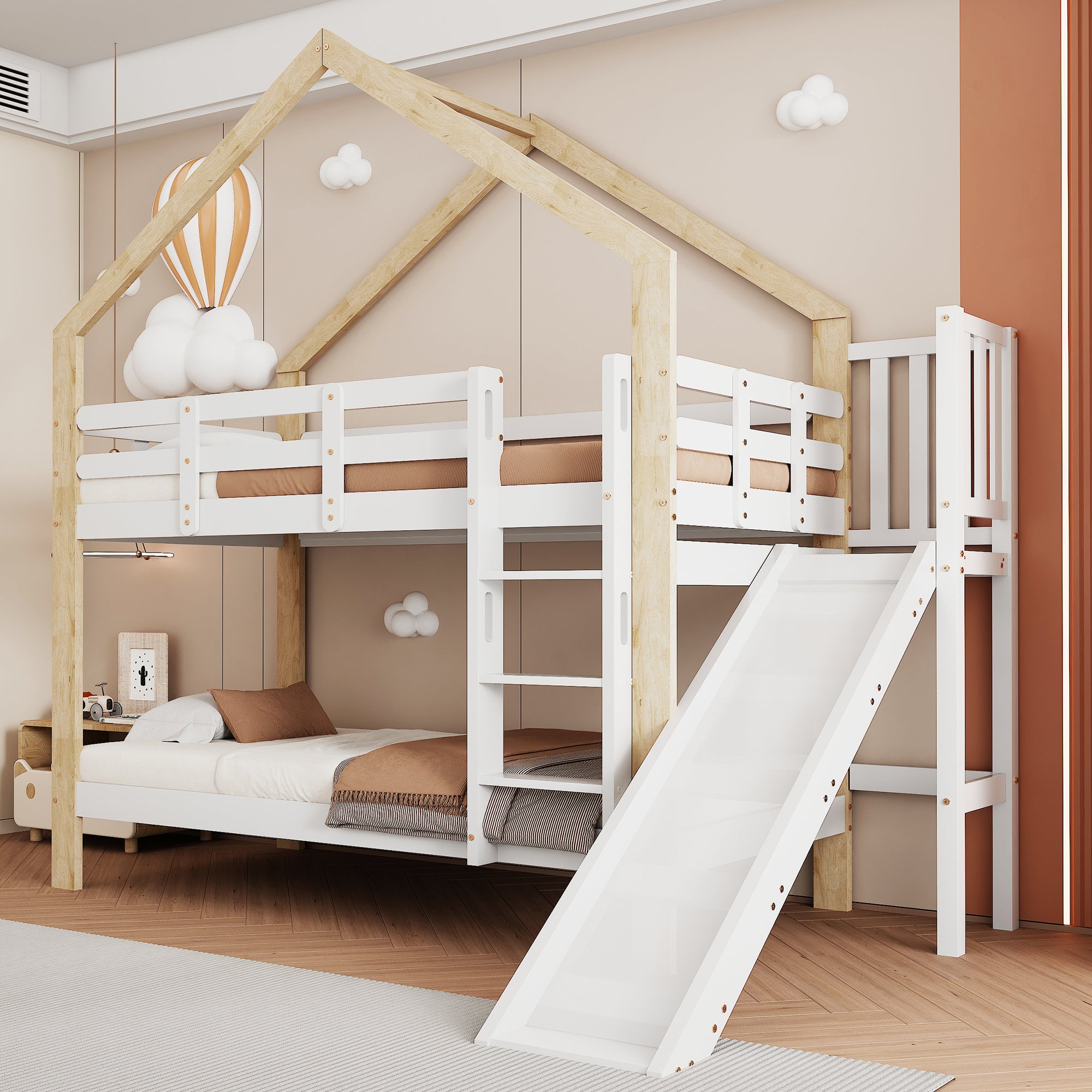 Łóżko piętrowe Cabin ze zjeżdżalnią i drabinką - rama z litej sosny - 90x200cm - białe