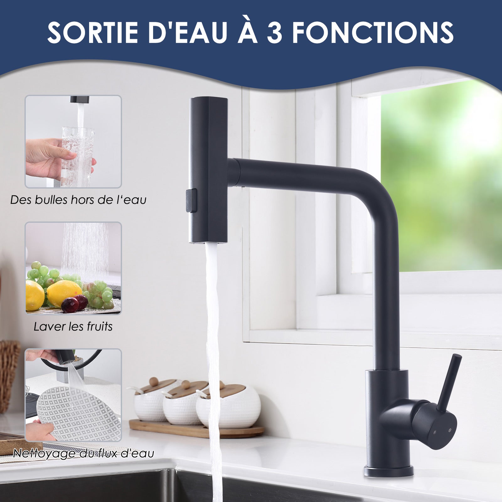Robinet de Cuisine Noir avec Douchette Extracible Mitigeur d'Évier à 3 Modes de Pulvérisation Robinet de Cuisine Monocommande, Rotatif à 360 ° - 3