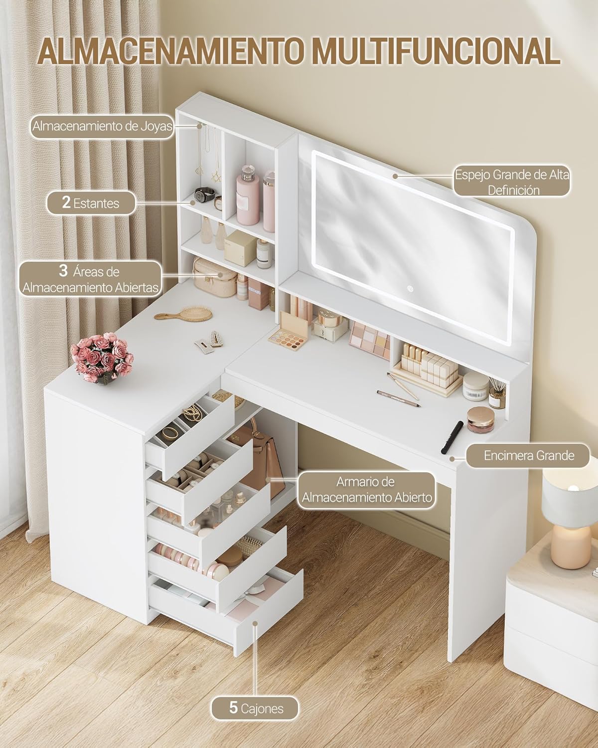 Coiffeuse avec Grand Miroir, avec éclairage LED, Coiffeuse d'angle en L, avec 5 Tiroirs et 7 Compartiments Ouverts, Crochets pour Colliers,Blanc - 2