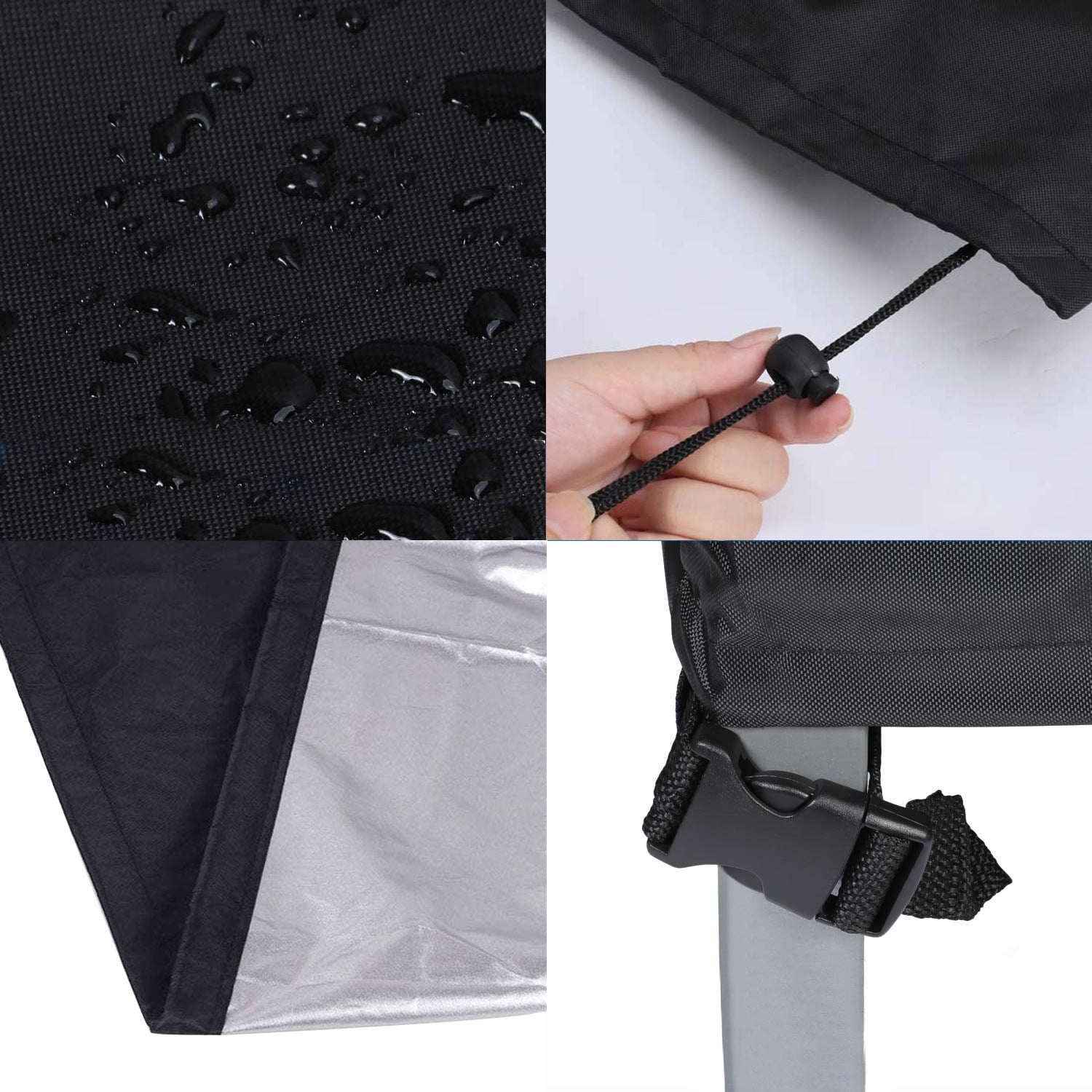 Funda protectora a prueba de polvo para mesas y sillas de jardín, hebillas en las cuatro esquinas, 110*110*85 cm (negra) - 8