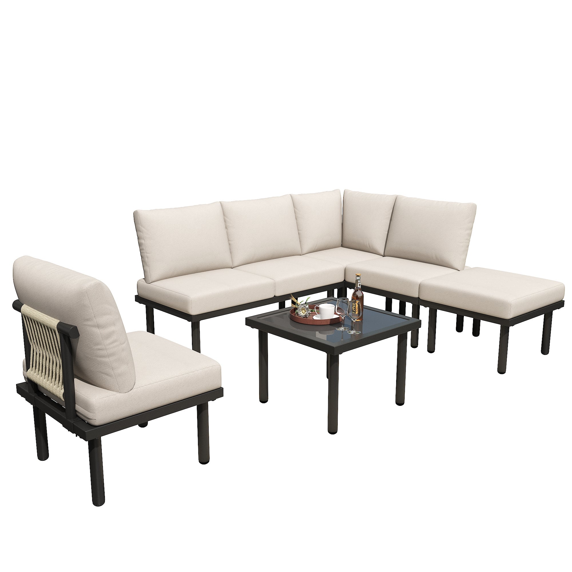 Salon de jardin modulable 6 places en acier galvanisé : 1 canapé 2 places + 1 canapé 2 places + 1 tabouret + 1 table basse carrée - Beige - 7