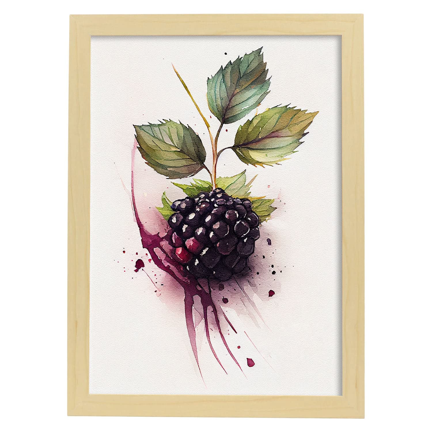 Nacnic poster de mora a todo color ilustraciones de frutas verduras y comida sana en estilo acuarela diseño moderno y a3 con marcos de madera clara