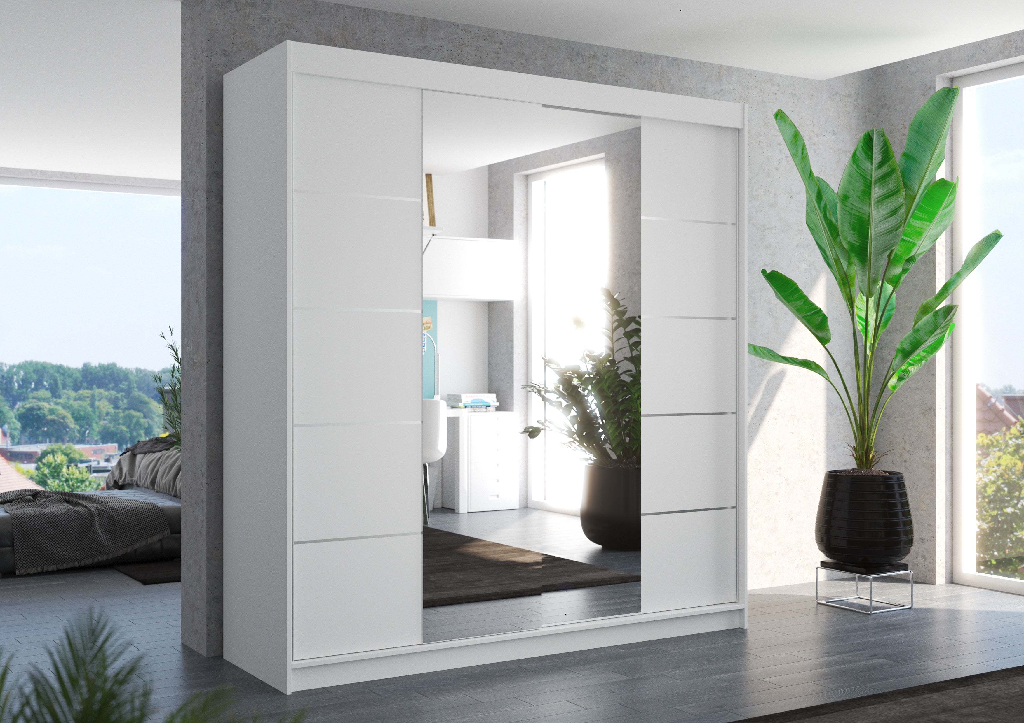 Armoire chambre adulte 2 portes coulissantes bois blanc et miroir Dalia 200cm - 2