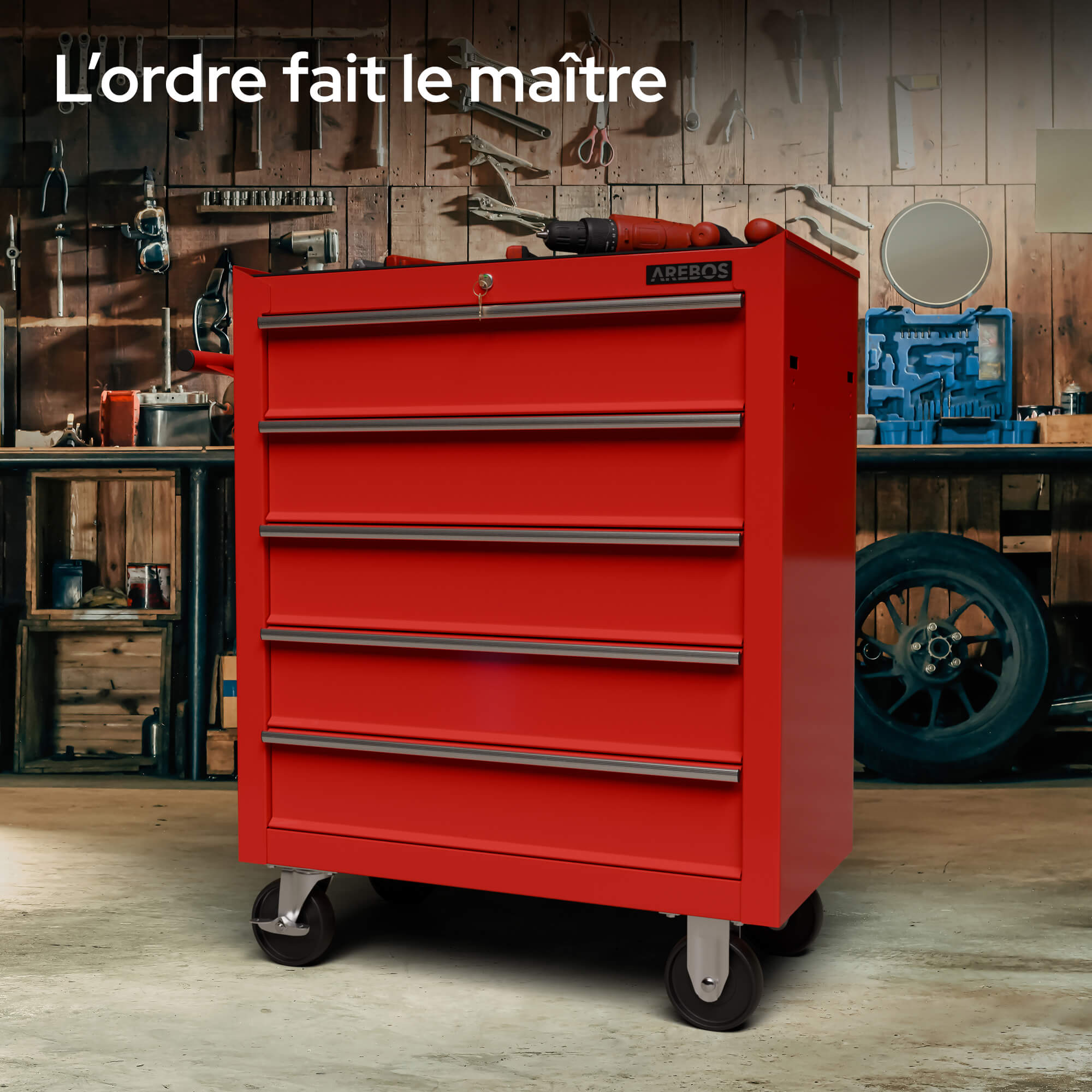 AREBOS Chariot à outils AREBOS avec 5 tiroirs, système de verrouillage central, roues pivotantes freinables, plan de travail résistant aux rayures - 5
