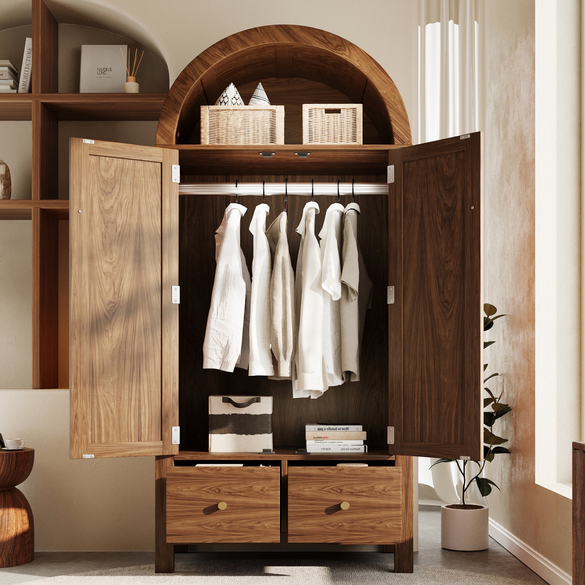 Armoire penderie avec Cannage en Rotin, 2 portes 2 tiroirs, étagère ouverte semi-ronde, fermeture magnétique, tringle vêtements, 181x78x45 cm, noyer - 2