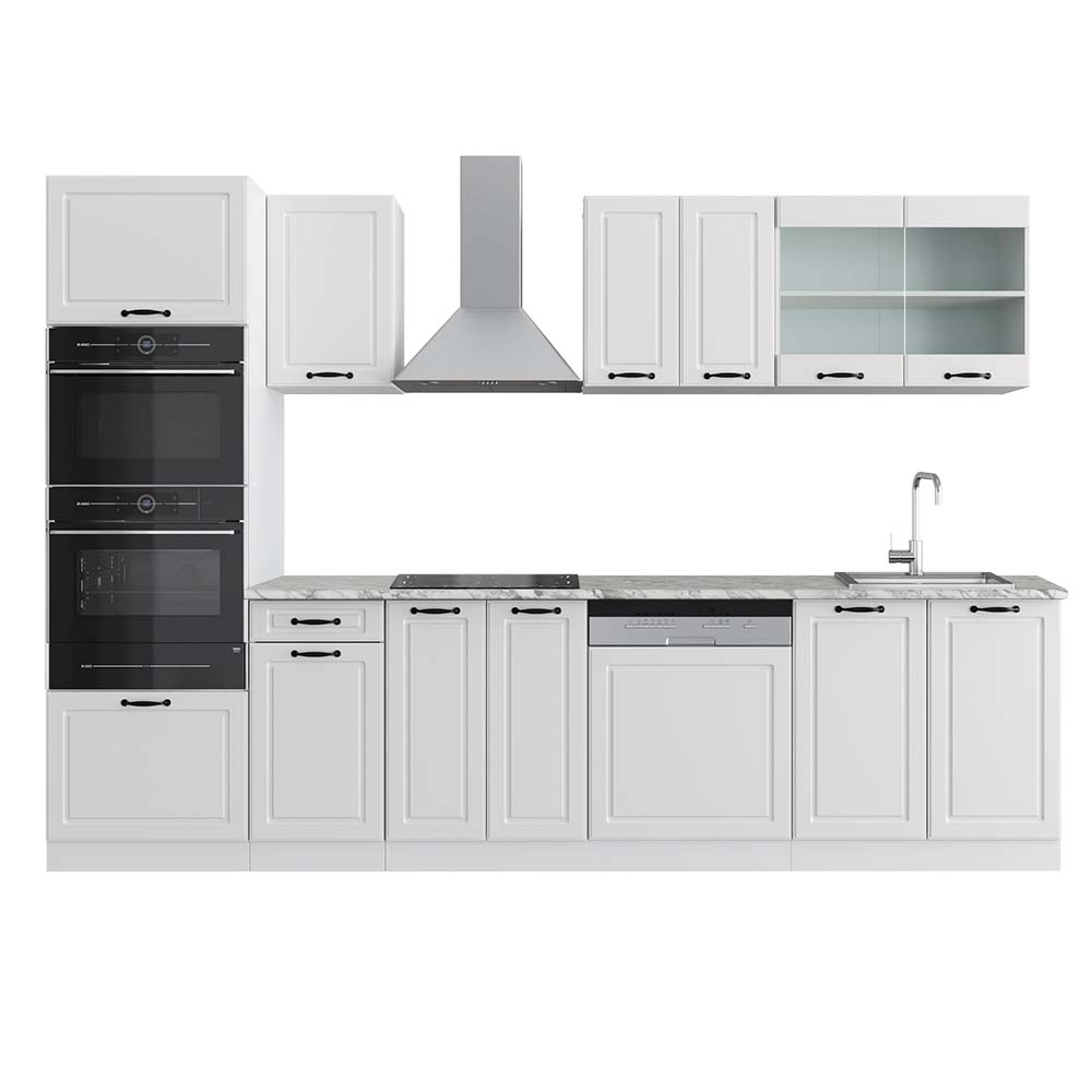 Vicco Aneks kuchenny R-Line, Biały dom wiejski/biały, 300 cm z wysoką szafką, BP Marmur