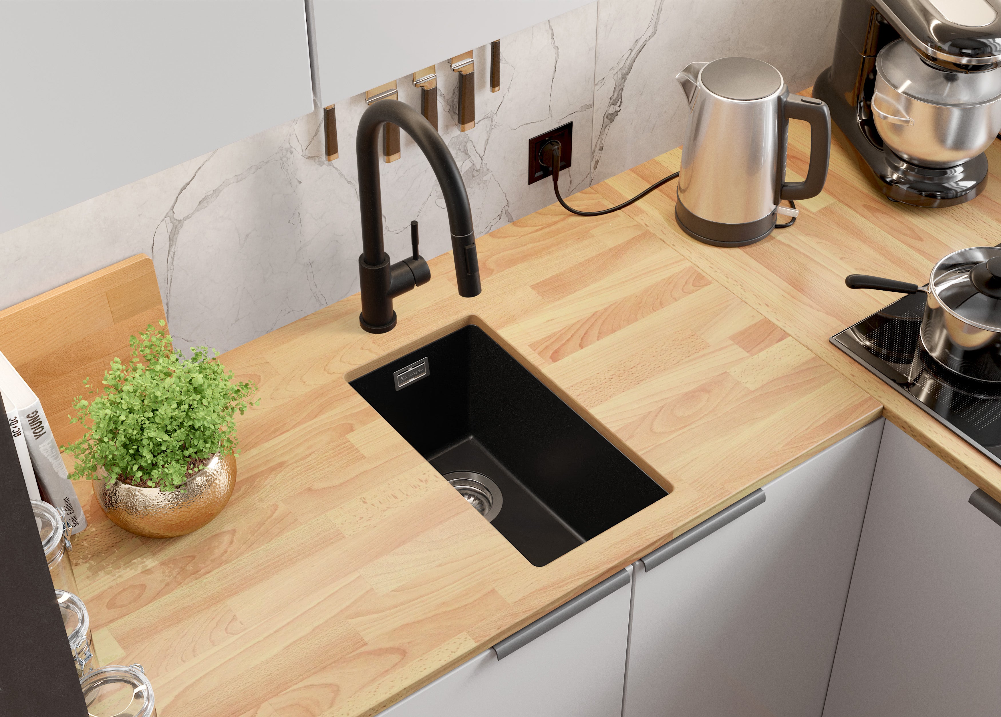 Lavandino sottotop Tutto Nero 26x47cm, Lavello in Granito a 1 vasca + Sifone Classico + Accessori, Lavabo da Cucina al mobile 30cm - London PRIMAGRAN - 2