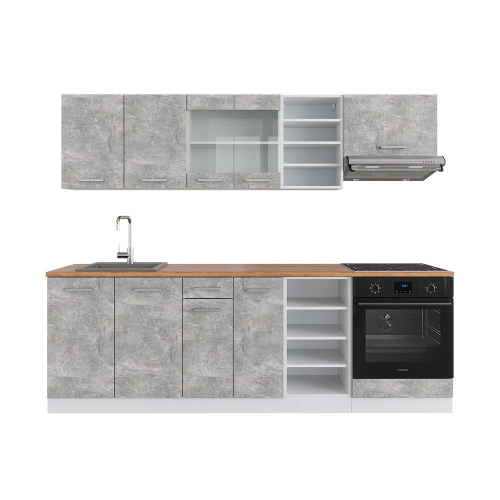 Vicco Zabudowa kuchenna R-Line, Beton/Biały, 240 cm , BP Dąb