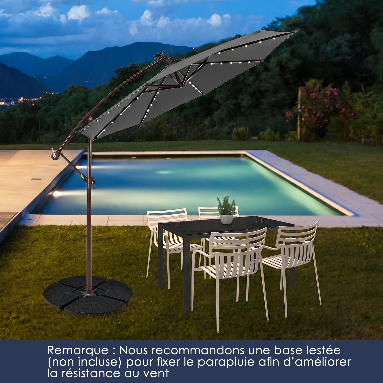 guarda-chuva 3M Hexagonal, com 40 LEDs Solares, Inclinável, 8 Baleínas em Metal, Base Cruizada, guarda-chuva à manivela, Cinza - 5