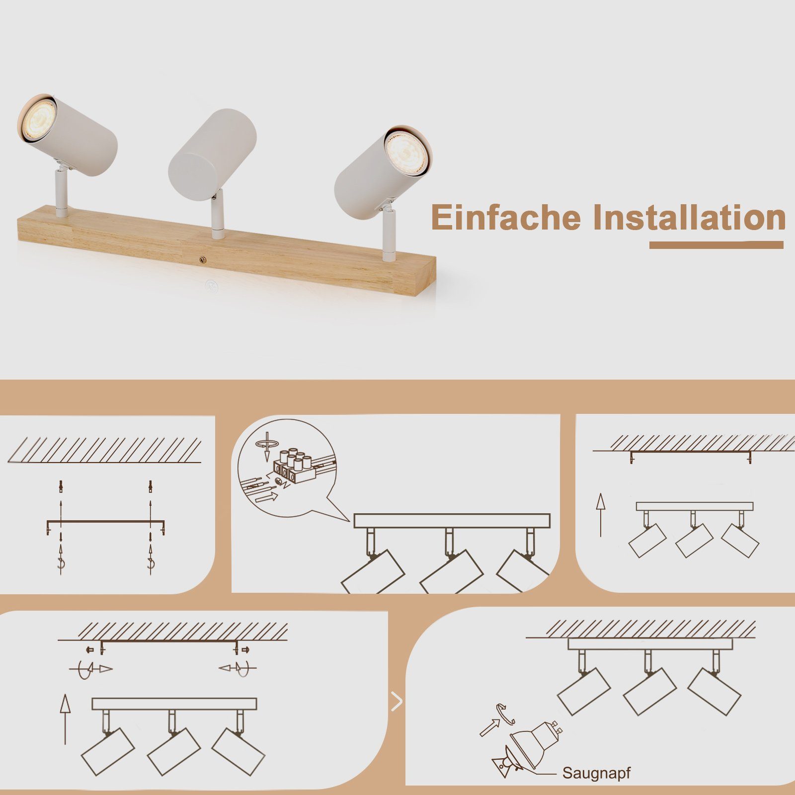 NETTLIFE 3 Focos de Techo Vintage GU10 Modernos de Madera Blanca Giratorios 350° para Dormitorio Salón Oficina Comedor Cocina - 6