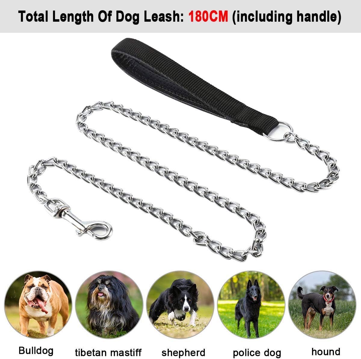 Guia de corrente resistente para cães grandes e médios - 1,8 m, 2 mm de espessura - Alça acolchoada confortável - 4