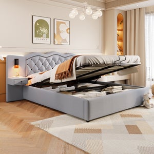 Lit Double 180x200 Cm Avec Tête De Lit Rembourrée Et Bandes Dorées, 4 Tiroirs De Rangement, Ports USB/Type-C - Cadre En Lin Beige (matelas Non Inclus)