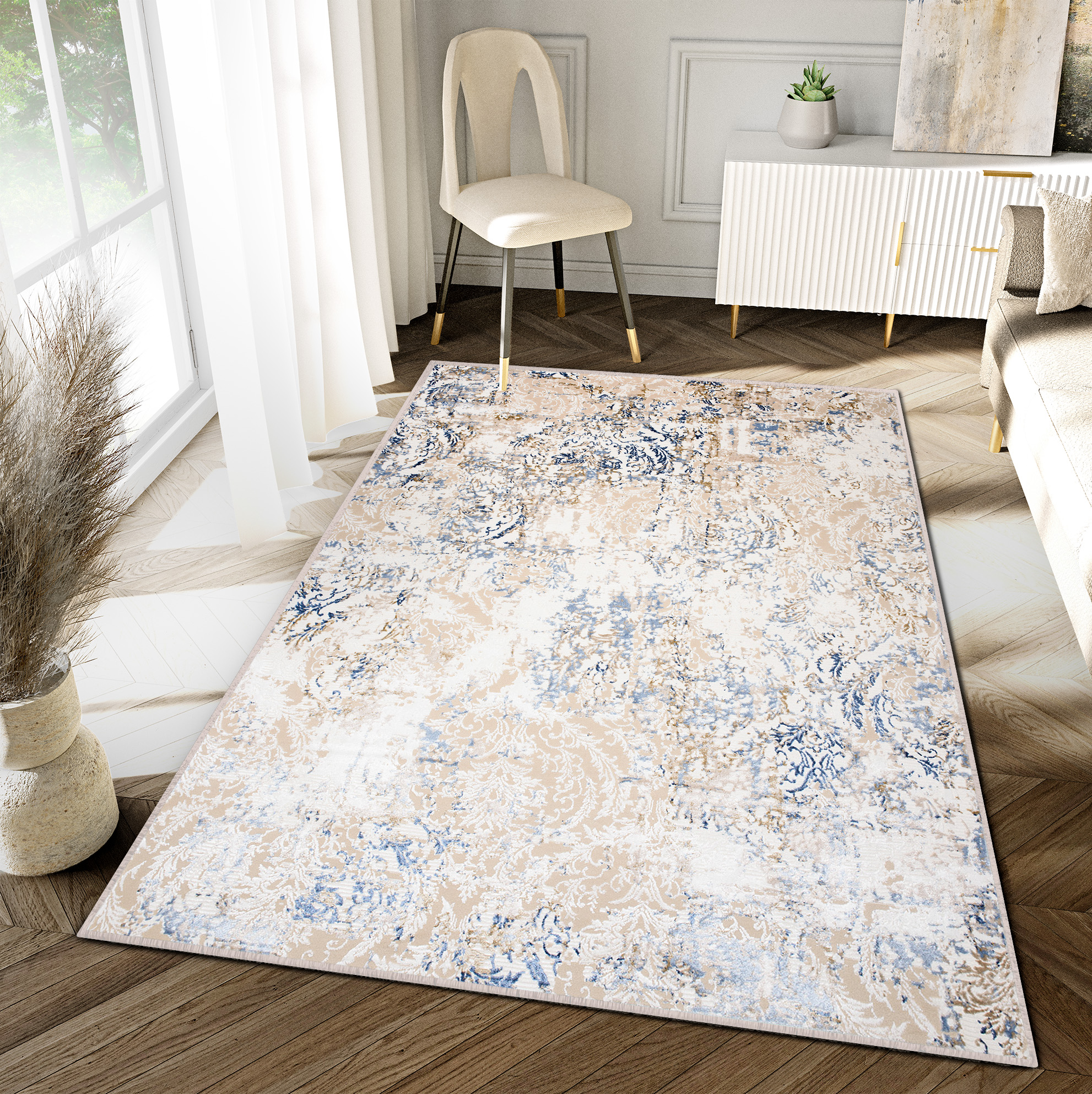 Tapiso hera alfombra de pelo corto brillante efecto 3d crema beige azul diseño clásico vintage oeko-tex 160 x 230 cm