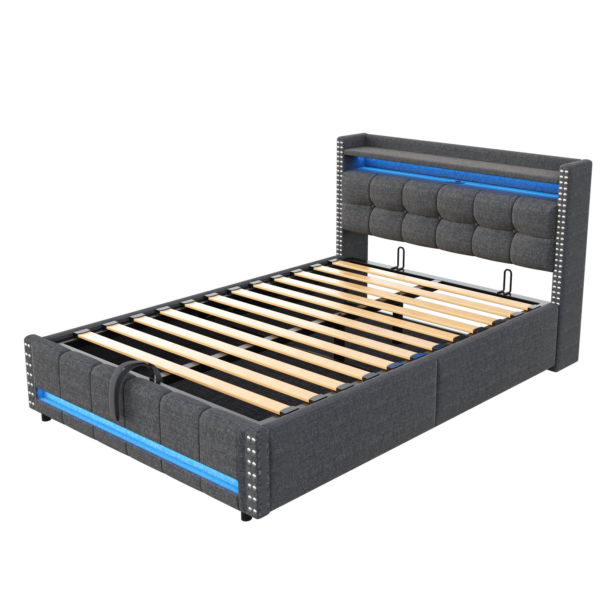 Cama con almacenaje de lino 140x200 cm - con LED y toma USB - con somier - Gris - 7