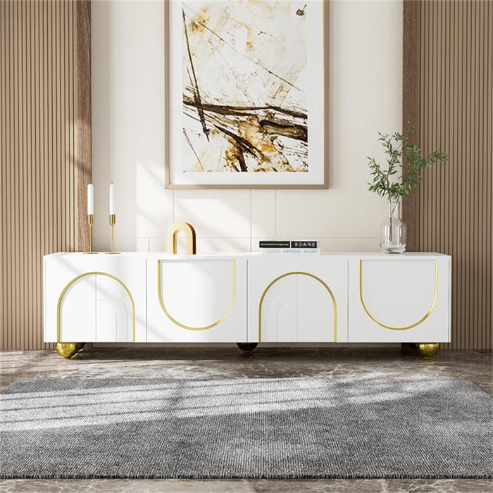 Elegancka szafka pod telewizor z rzeźbionymi drzwiami, złotymi detalami, okrągłymi nogami i funkcją otwierania przez naciśnięcie - 170 x 38 x 44 cm