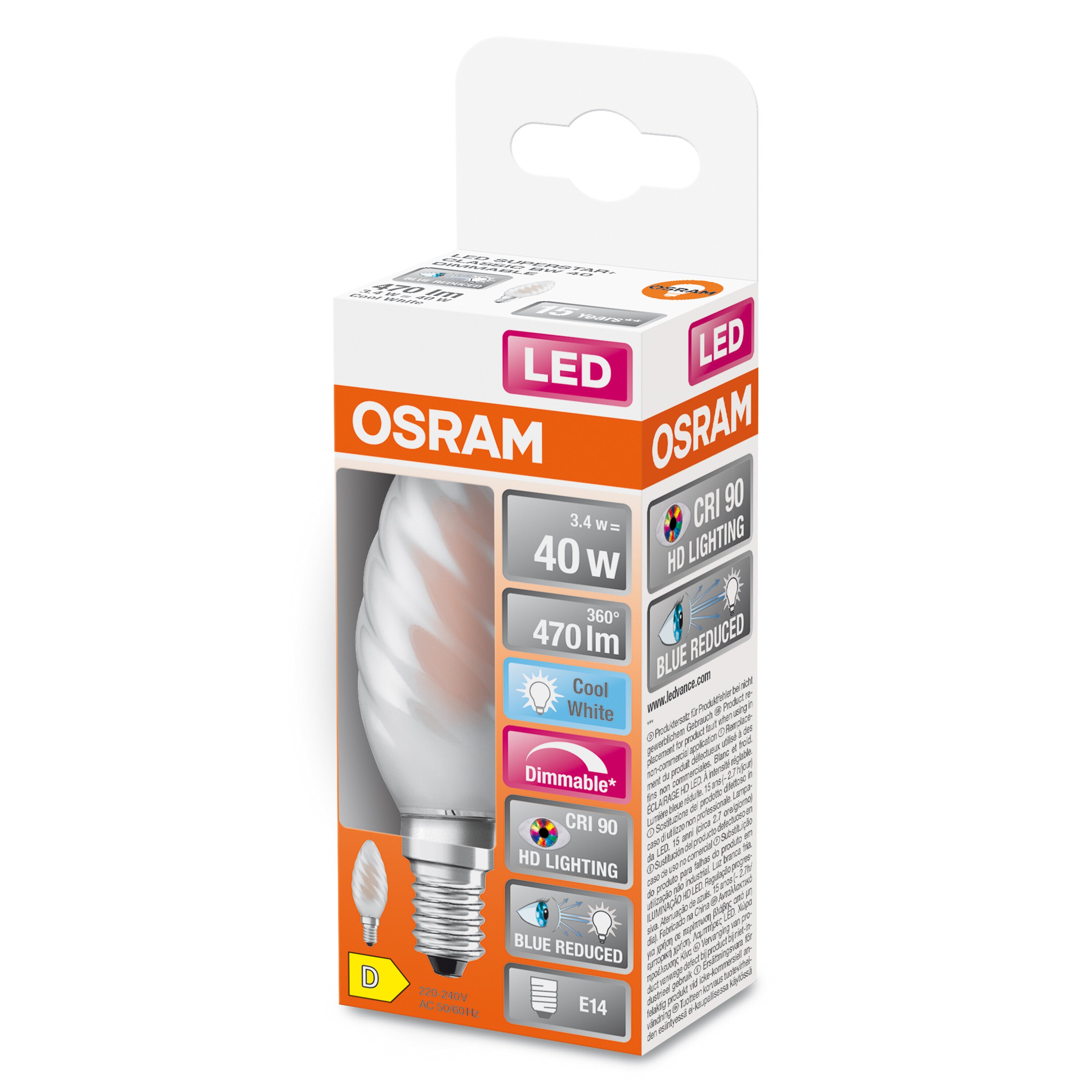 OSRAM Lampada LED dimmerabile Superstar con resa cromatica particolarmente elevata (CRI90), E14-base vetro smerigliato ,Bianco freddo (4000K), 470 - 2