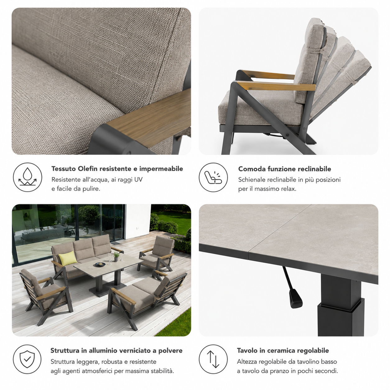 Tempo Style – aluminiowy zestaw wypoczynkowy KEA | Leżak ogrodowy z sofą, stołem, 2 fotelami i poduszkami | Zestaw mebli ogrodowych dla 5 osób - 5