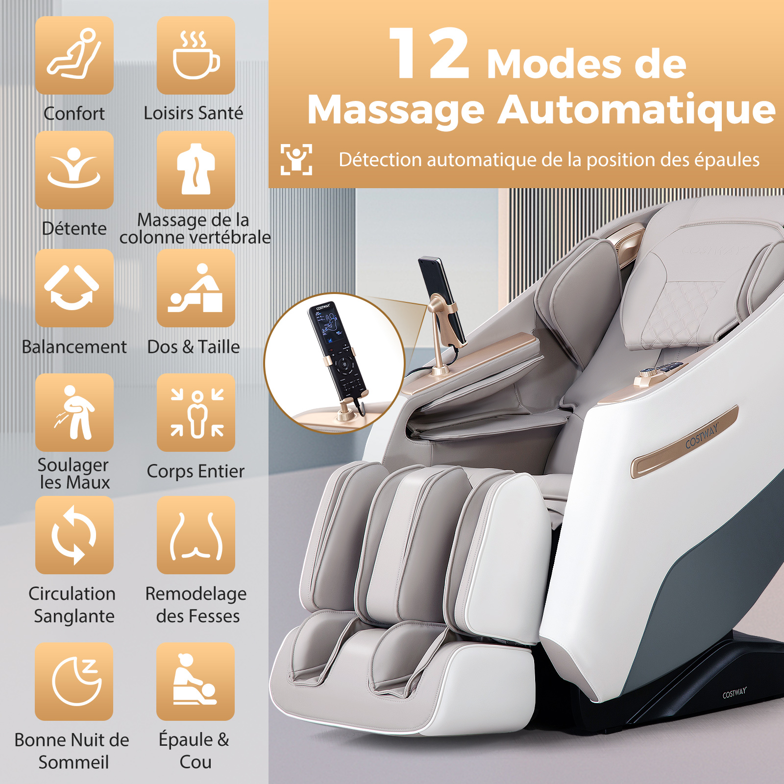 Fauteuil de Massage Électrique, Fauteuil de Massage Inclinable Rail SL avec 12 Modes Automatiques 5 Techniques de Massage Chauffage, Blanc - 3