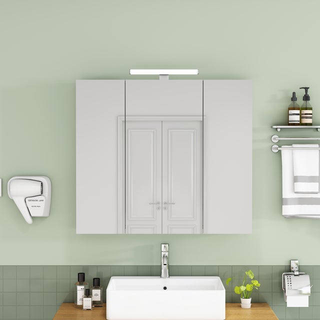 Armoire de toilette LED 80 cm, meuble miroir mural blanc 3 portes avec prise française, 80x16x70 cm, MDF et verre, Blanc.