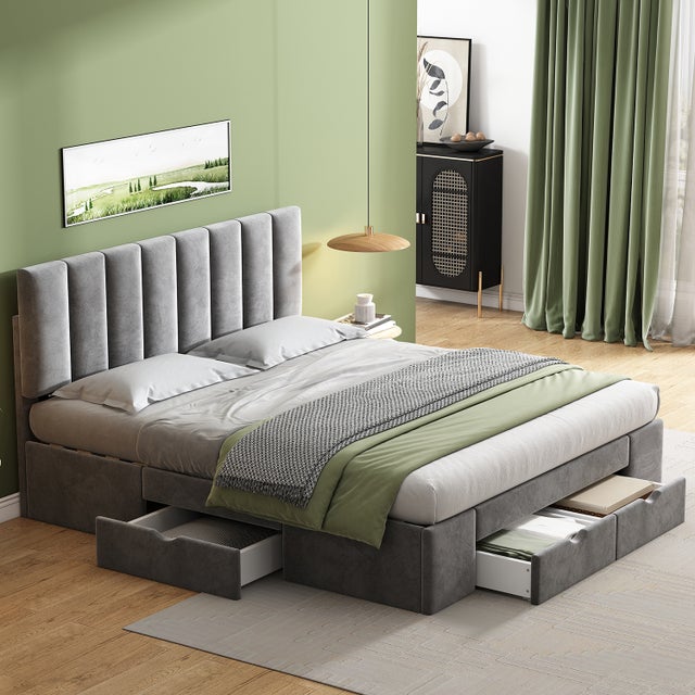Cama estofada 160 x 200 cm veludo, Com base de ripas Encosto com 4 gavetas, cinzento