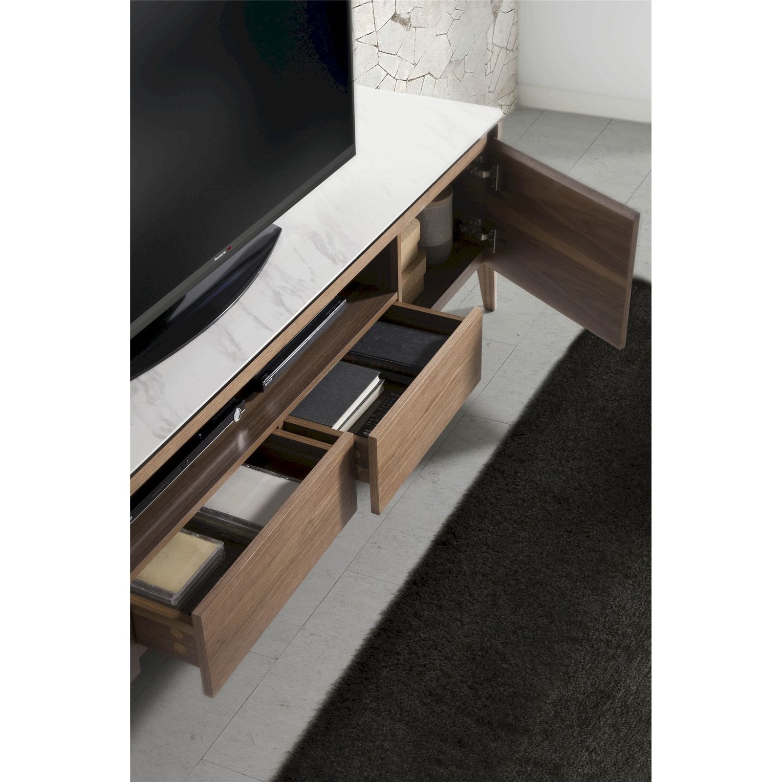 Meuble TV bois revêtement marbre céramique fermeture souple 200 x 45 x 51 cm Noyer, blanc, gris - 5