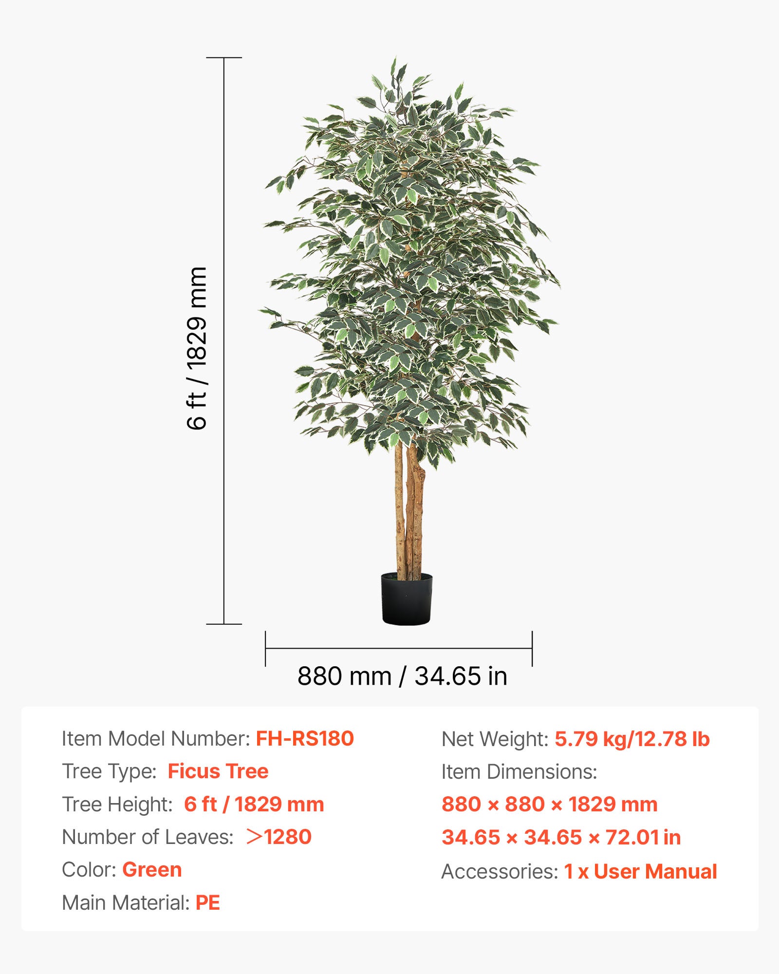 Árbol artificial VEVOR 1,8 m,planta ficus artificial de polietileno con maceta negra,ideal para oficina,salón,dormitorio y decoración del hogar. - 7