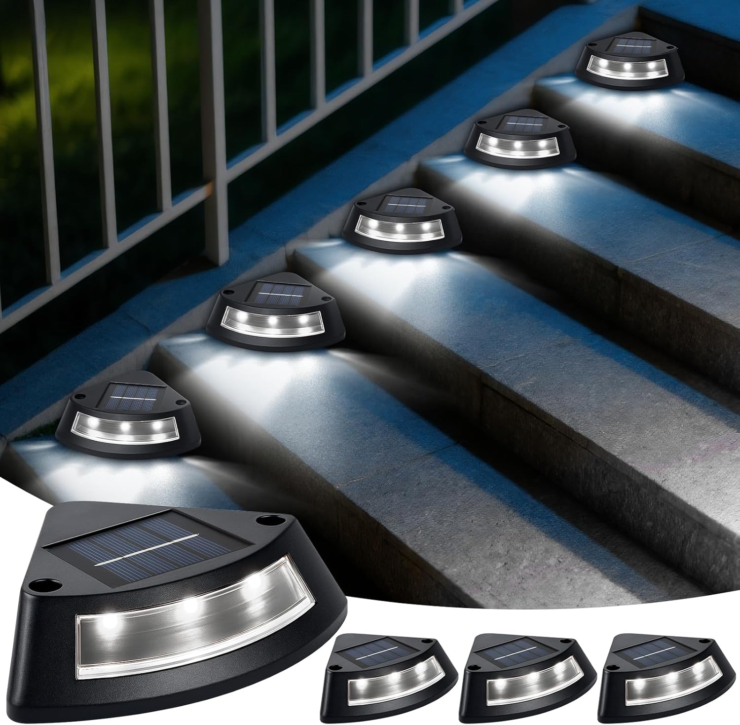 Lampy solarne do schodów zewnętrznych, zestaw 4 wodoodpornych lamp solarnych do ogrodu, białe oświetlenie schodowe LED