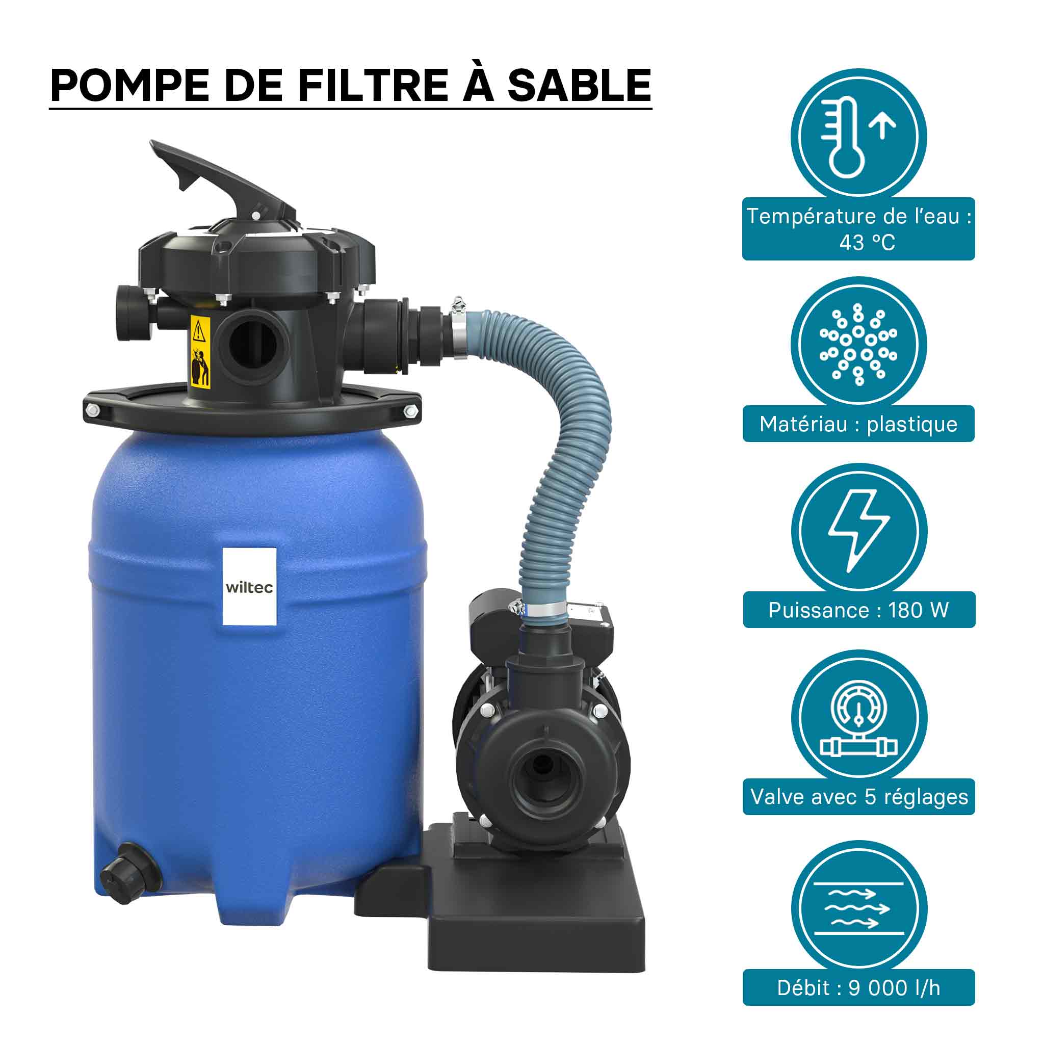 Filtre à Sable Piscine Hors-sol WilTec 370W - Débit 13200 L/h - Cuve 20kg Sable - Vanne 5 Positions
