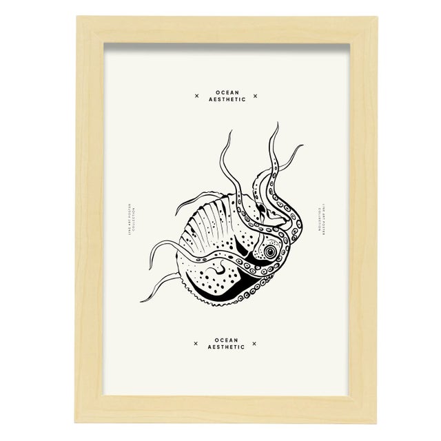 Affiche Avec Des Plantes Marines Et Des Animaux Une Pieuvre Sans But Illustrations Artistiques Pour La Décoration Intérieure A4 Avec Cadre Bois Clair