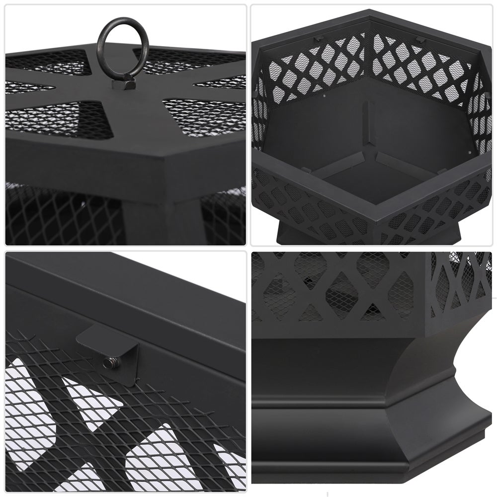 Brasero Jardin Hexagonal 60,5 x 60,5x 62cm H, Poêle à Bois Métal avec Couverture et Poker, pour Fête et Patio, Chauffage Extérieur Noir YAHEETECH - 3