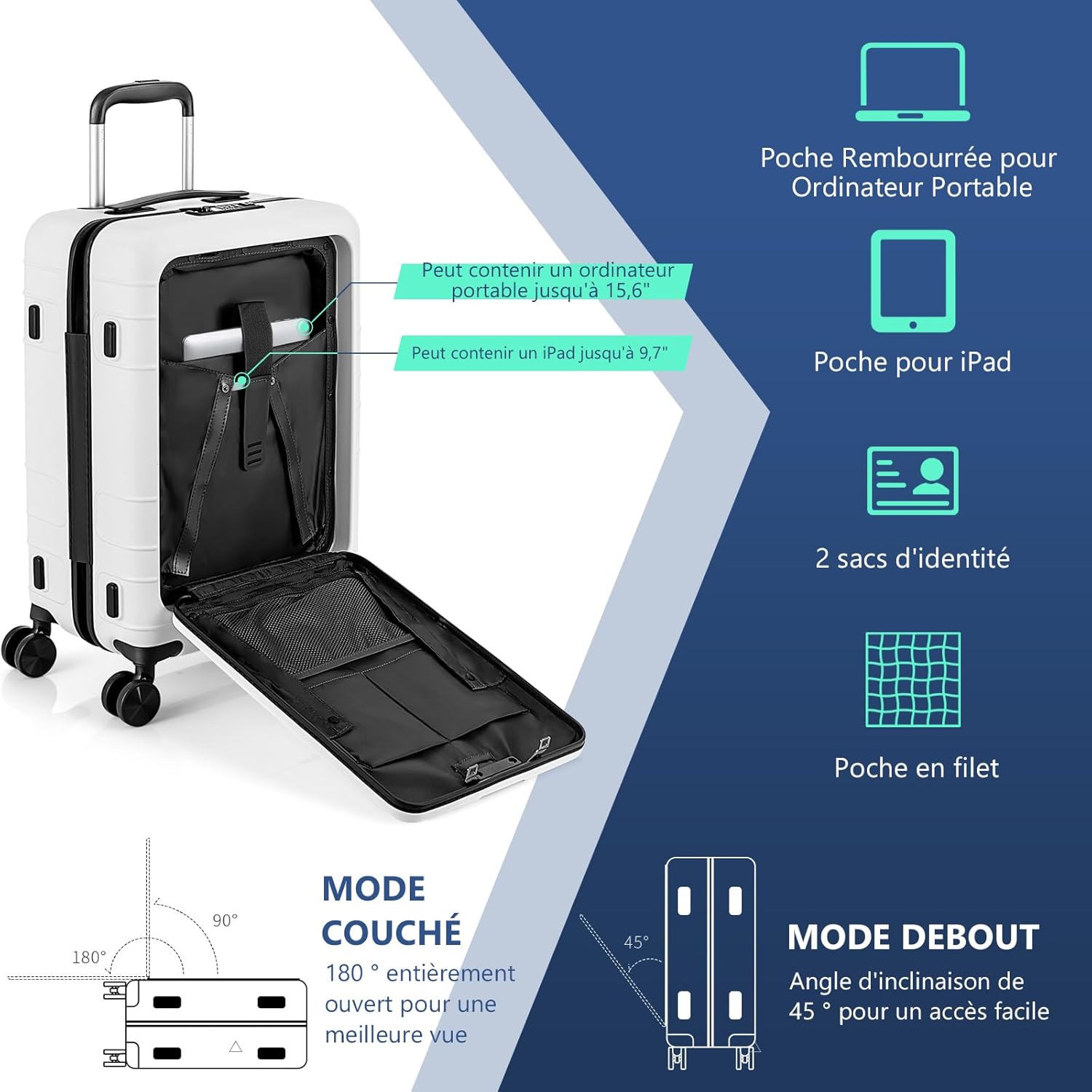 Bagaż Podręczny 37 x 25,5 x 56 cm, Lekka Walizka z 4 Obrotowymi Kółkami, Przednią Kieszenią na Laptopa, Portem USB i Type-C (Biała) - 7