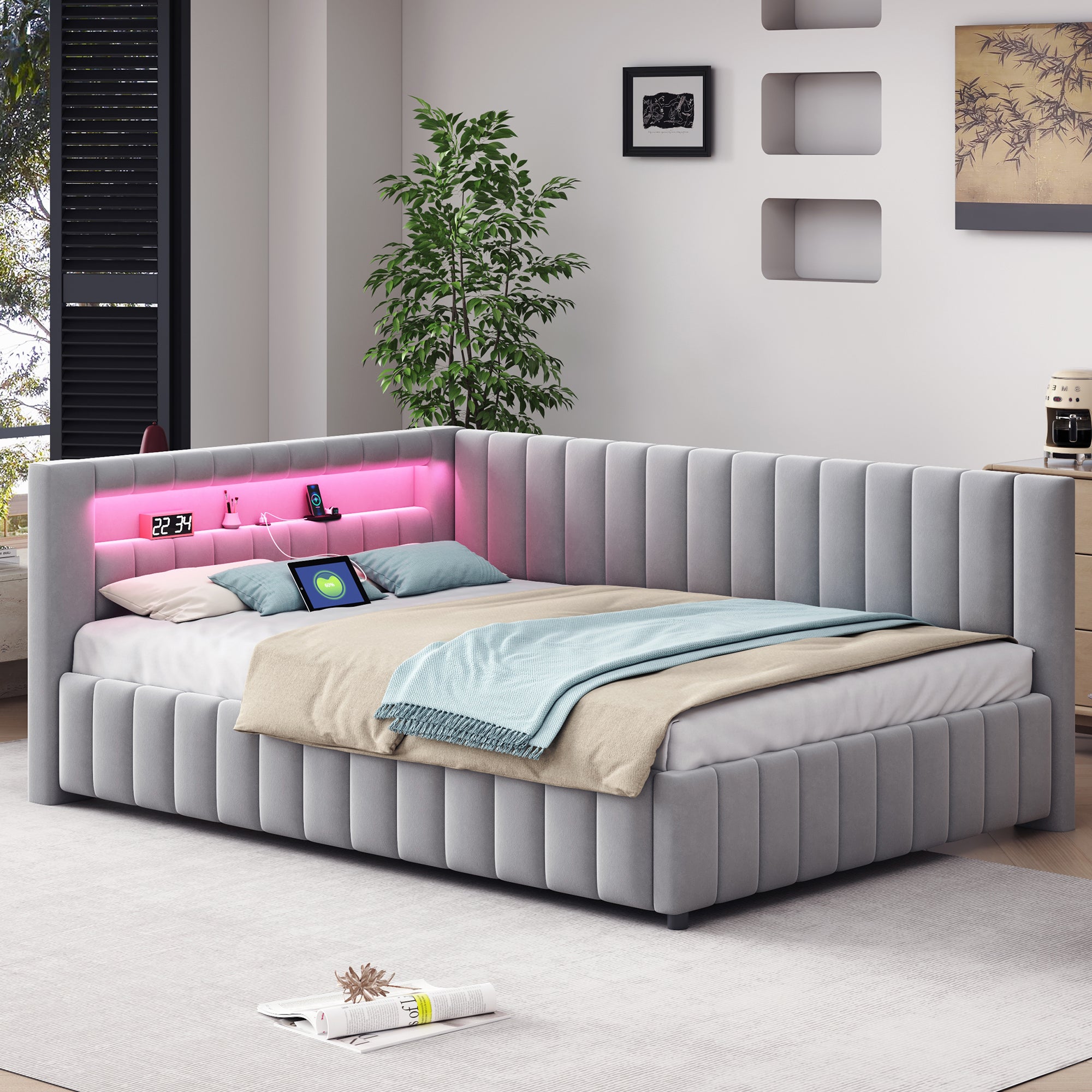 Lit 140x200 - Poduszka stabilna - Głowa łóżka poduszona - Miękki samet - Oświetlenie LED kolorowe - Port USB - Design L - Szary