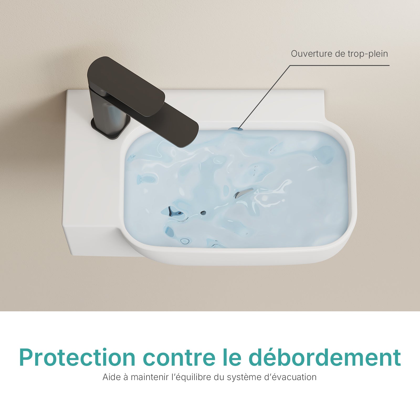 EMKE Lavabo mural rectangulaire en céramique 40 x 25 x 14 cm, trou de robinet à gauche, avec trop-plein, blanc brillant - 4