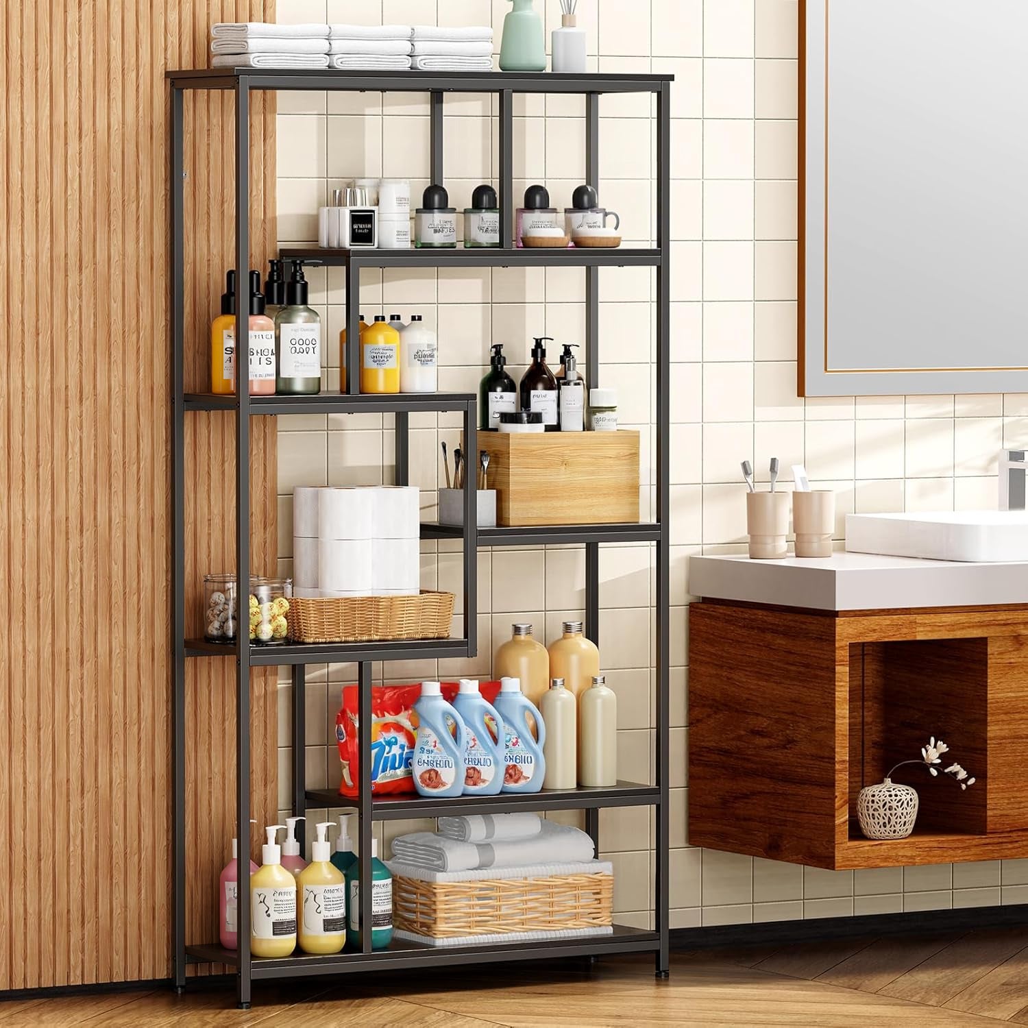 Bibliothèque Étagère de Rangement 7 Niveaux Cadre en Métal Pied Réglable 100 x 30 x 180 cm Noir Bealife - 9