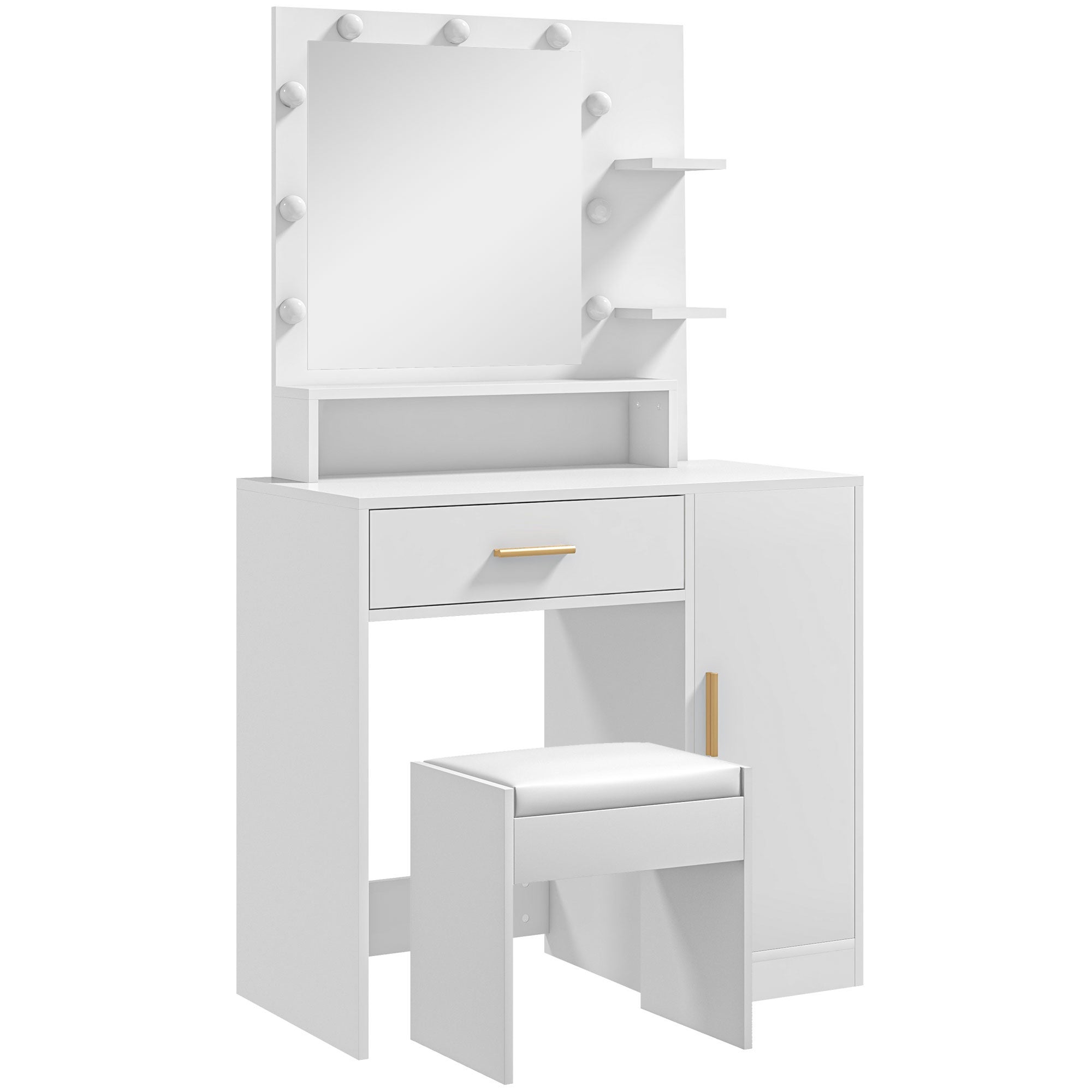 Grand Coiffeuse LED Avec Miroir 45x60 Cm, 3 Tiroirs + 2 Portes Tabouret Inclus Rangement Maquillage Et Bijoux Blanc H151 B110 T40 Cm 97088219