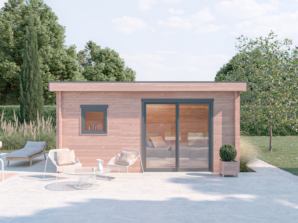 Studio de jardin NANTUA 20m² - Bois Douglas épaisseur 55mm - Baie vitrée Alu & Fenêtres PVC GROSFILLEX - Toiture Bacacier avec voliges - 2